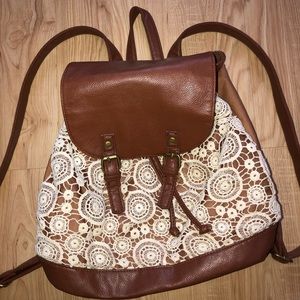 ~Brown Faux leather bag with crochet front~
